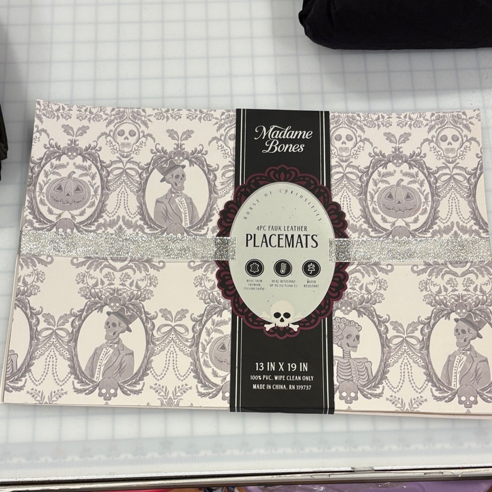 Madame Bones Victorian Halloween Faux Leather Placemats - Gray and White